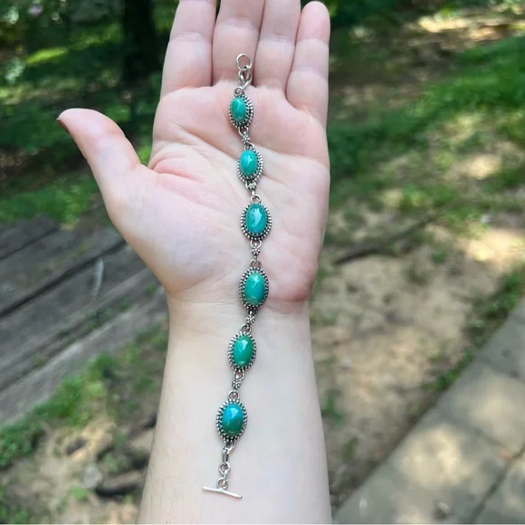 925 Sterling Silver Green Kingman Turquoise Toggle Bracelet 7.25” Southwest